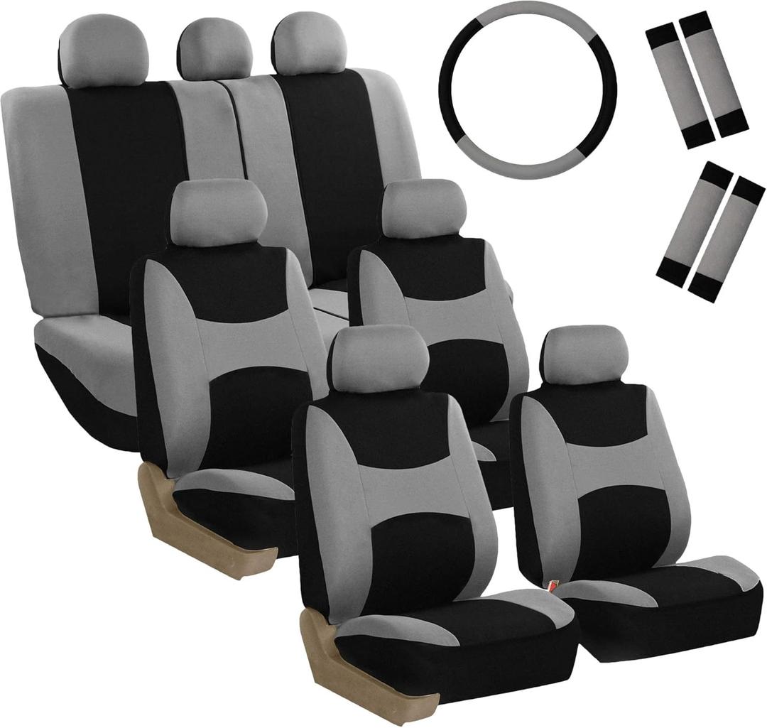 FH Group 3 Row Set 7 Seater Light & Breezy Flat Cloth Car Seat Covers, Combo Steering Wheel Cover & Seat Belt Pads, Airbag and Split Rear, Universal Fit for Cars Trucks, SUV, Gray