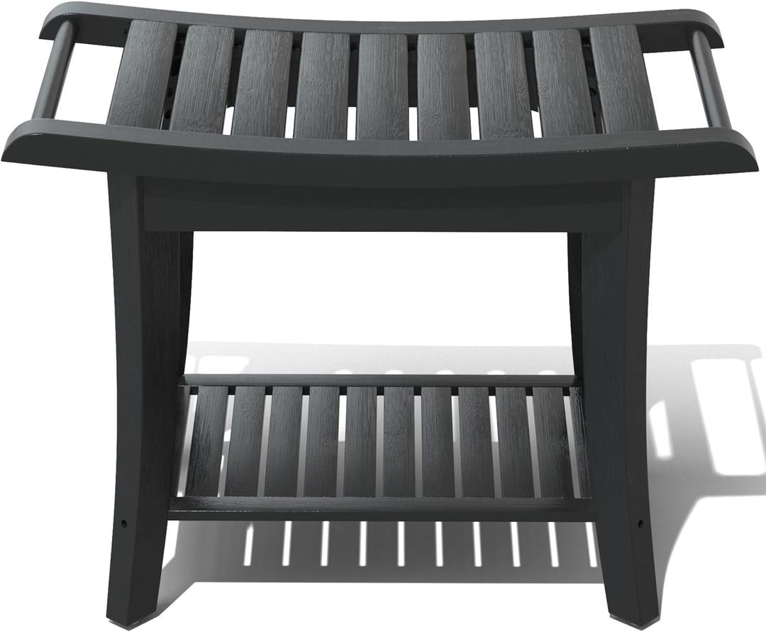 Bamboo Shower Stool Bench Waterproof with Storage Shelf for Shaving Legs or Spa Bath Seat in Bathroom & Inside Shower for Adults Seniors Elderly (24 x 13.4 x 18.5 inches+Black)