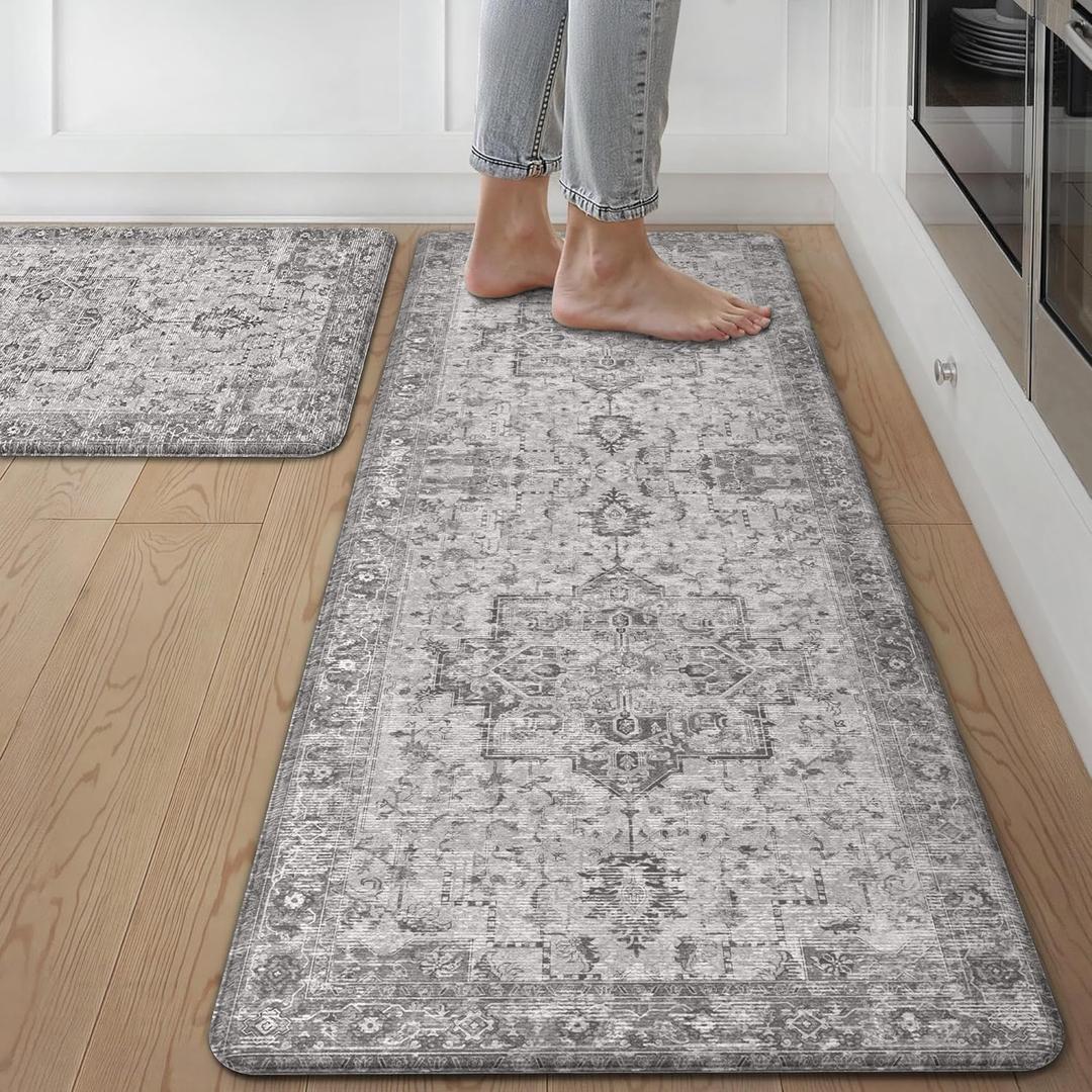 GENIMO Kitchen Mats for Floor 2PCs, Washable Anti Fatigue Mat for Cushioned, 17.3"x47"+17.3"x30", Waterproof Kitchen Rugs, Non Slip Standing Mat Rug for Home, Runner, Sink, Laundry, Vintage Grey