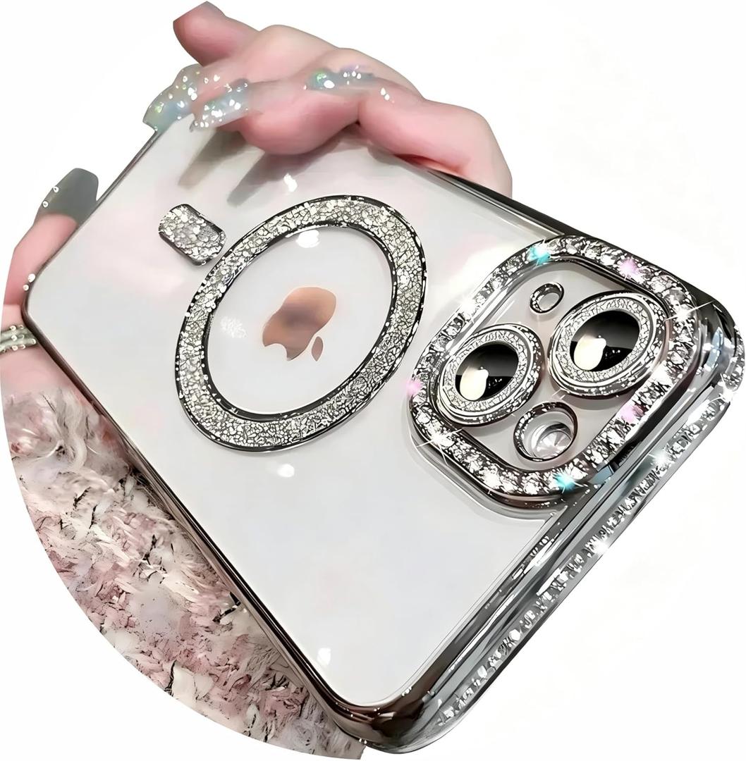 Magnetic Glitter Diamond for iPhone 14 Pro Max Case[Compatible with MagSafe]Sparkle Rhinestone Camera Lens Protector Plated,Crtstal Clear Slim Military Drop Shockproof Cover for Women,Silver