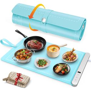 FYY Food Warming Mat - Electric Warming Tray with 6 Temperature Settings and 6 Hours Timer, Full Surface Graphene Heating Food Warmer, Premium Rollable Heating Tray for Gatherings, Parties, Light Blue (X Large Size: 24"x15", Mint Green)