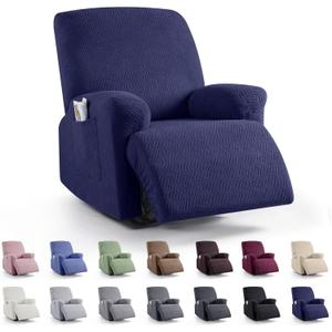 KinCam Recliner Covers, Stretch Reclining Chair Covers, Recliner Sofa Slipcovers Stripe Jacquard Recliner Couch Covers Furniture Protector Covers (1 XL Seater, Dark Blue)