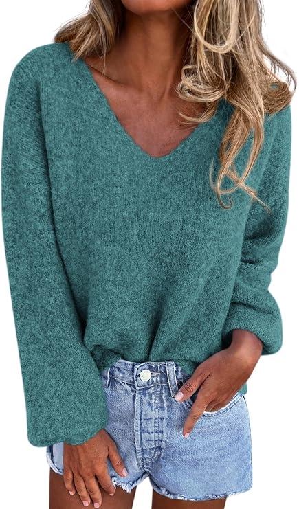 KIRUNDO Sweaters for Women Fall 2026 Oversized V Neck Cozy Cute Casual Long Sleeve Knit Pullover Trendy Winter Clothing(Blue Green, XX-Large)