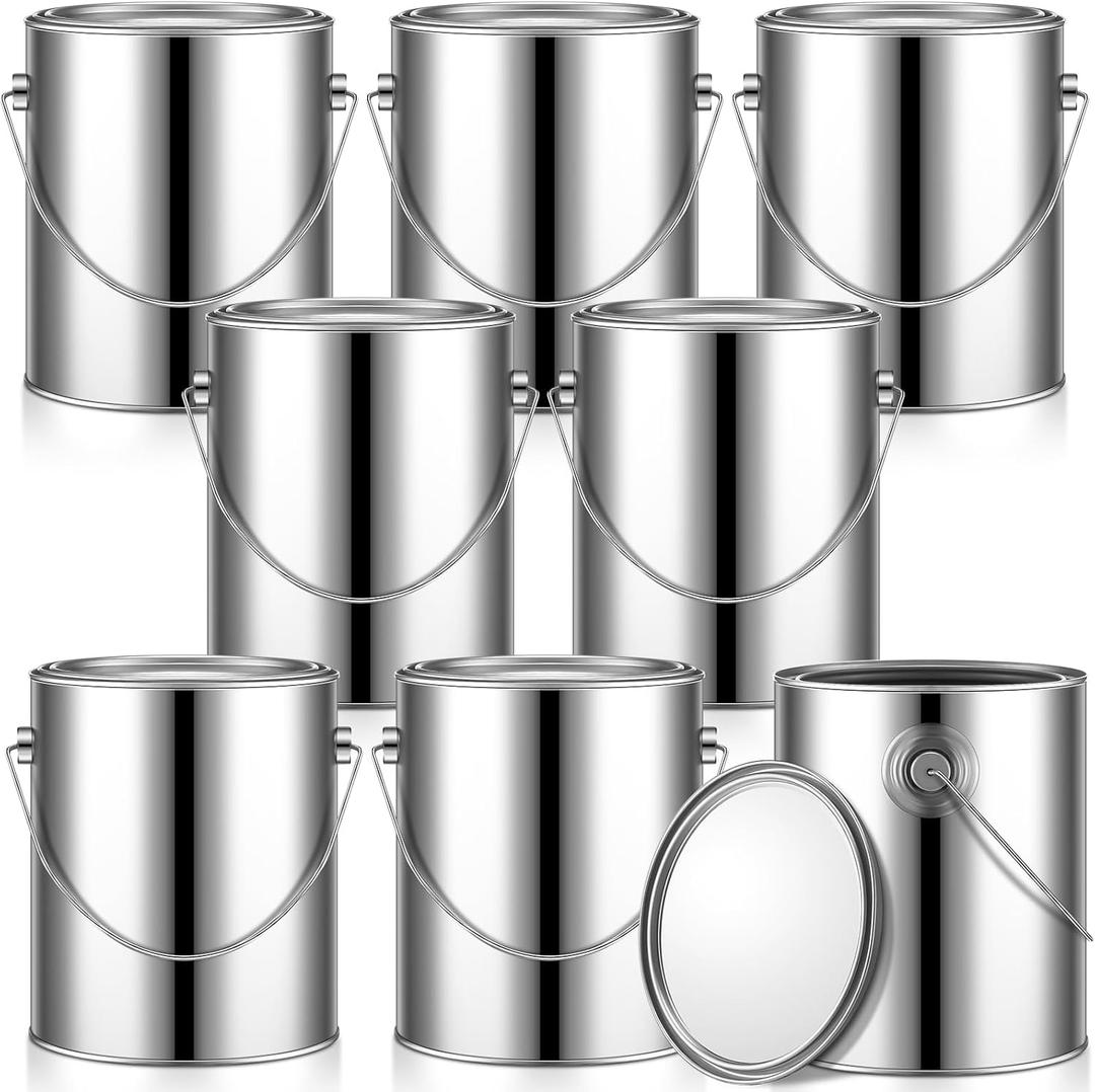 Uiifan 8 Pcs 1 Gallon Empty Paint Cans with Lids Metal Paint Buckets with Handle for Varnish Craft DIY Art Supply Storage (Silver)