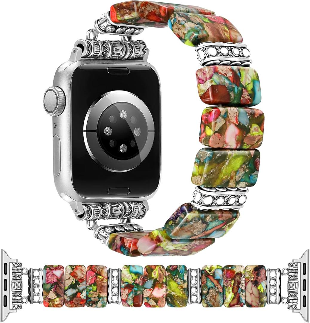 Newlibery Beaded Natural Stone Bracelet Band Women Compatible with Apple Watch 38/40/41/42mm(S10/11) Boho Elastic Western Vintage Imperial Stone Strap for iWatch Series 11/10/9/8/7/6/5/4/3/2/1/SE