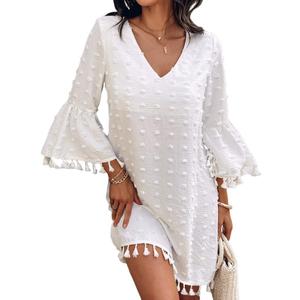 CHICME Women's Summer Dress Swiss Dot V Neck Bell Sleeve Shift Dress Casual Flowy Mini Dresses (White, S)