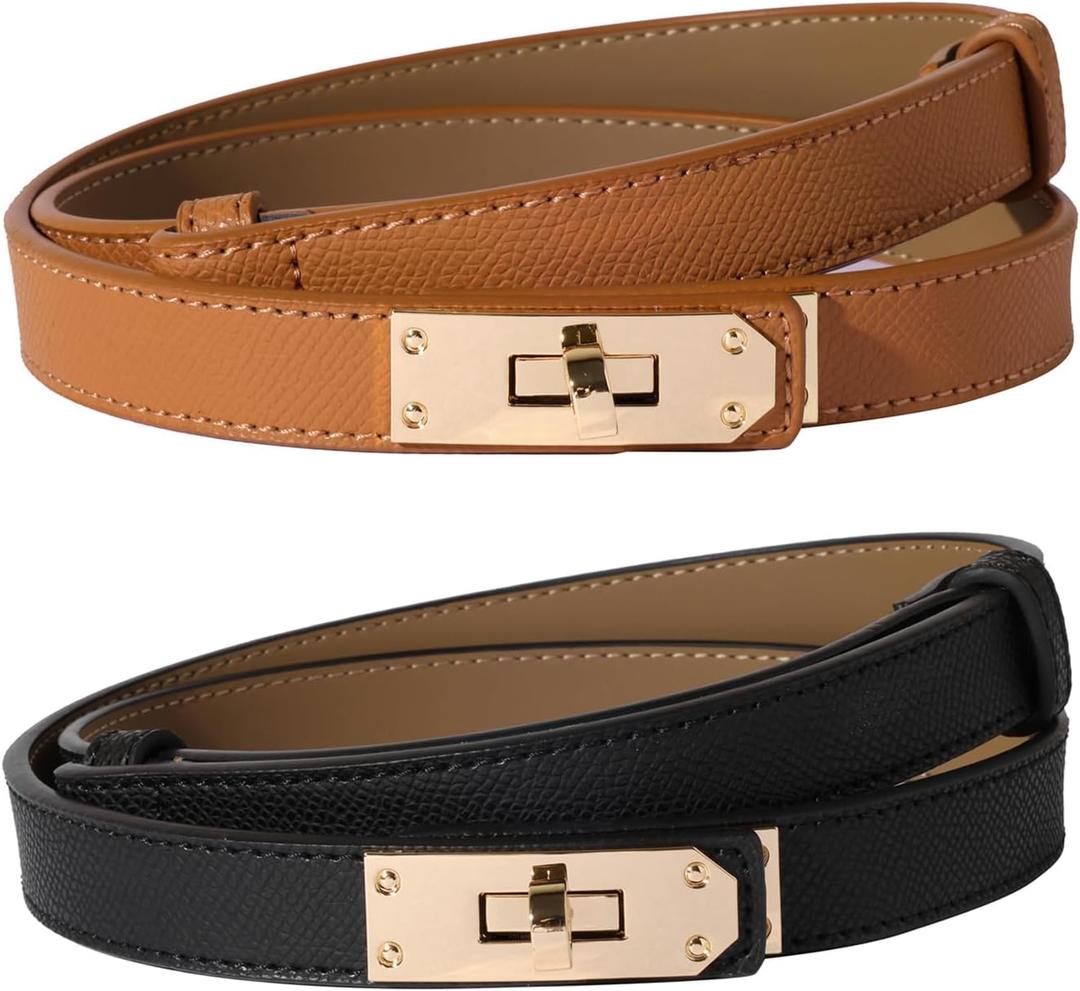 Women Skinny Leather Belt Solid Color Alloy Turn Lock Adjustable Waistband for Dresses Jeans Coats (Black+Caramel)