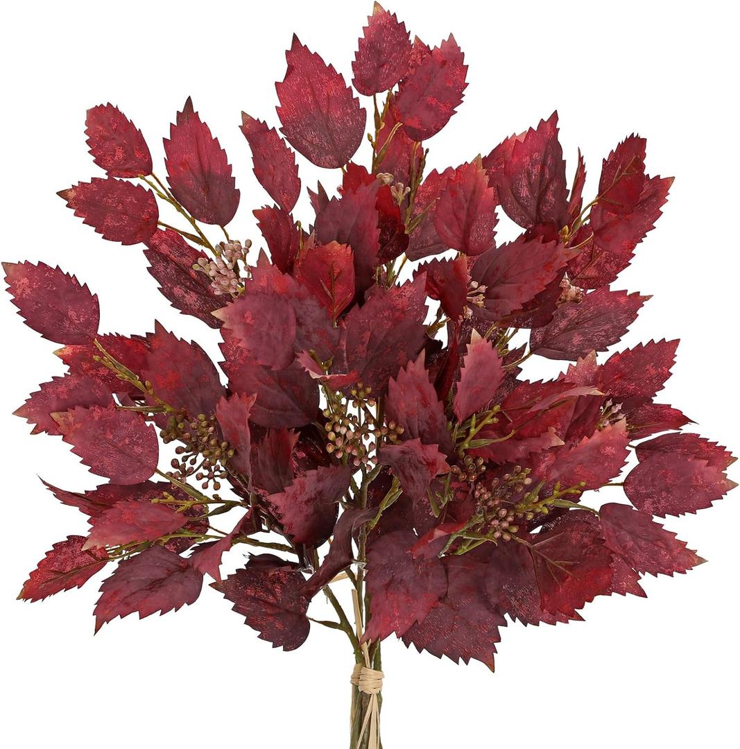 Artificial Fall Birch Leaves Stems - 2 Bundles Faux Autumn Foliage Arrangement 19.6" Fake Plants with Branches Flower Stamens for Thanksgiving Wedding Centerpieces Home Table Mantle Office Decor (Dark Red)