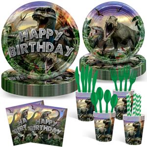 Avezano 192 Pcs Dinosaur Birthday Party Supplies Jurassic Dinosaur Plates and Napkins for Birthday Party Dinosaur Theme Birthday Party Decoration for Kids Serves 24