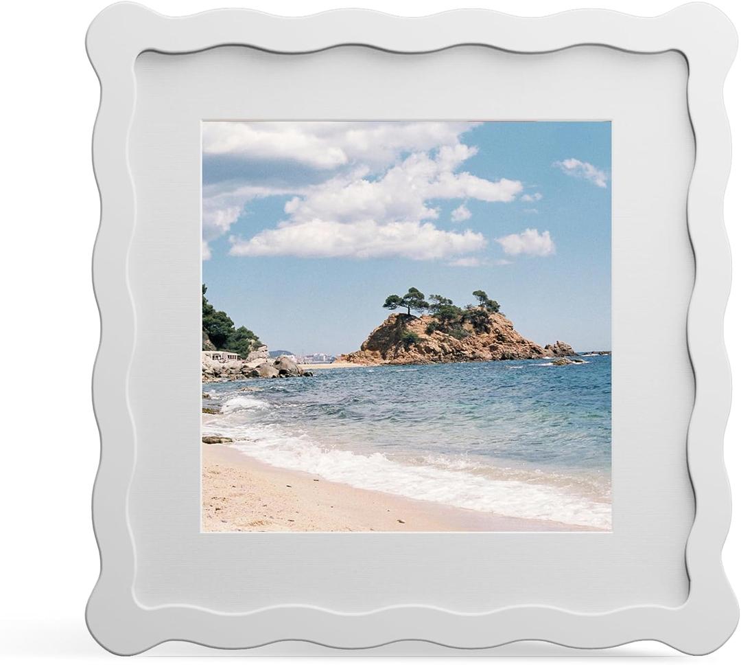 8x8 Picture Frame with Mat for 6x6, Wavy Edge Wooden Real Glass Photo Frame for Tabletop and Wall Hanging, White, 1 Pack