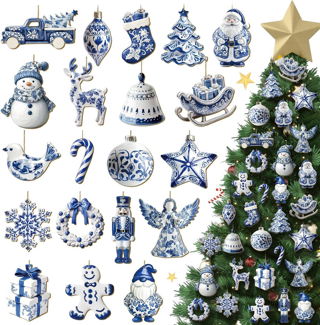 Yuntau 40 Pcs Christmas Chinoiserie Ornaments Blue and White Porcelain Wooden Flat Decoration Christmas Tree Ornaments Chinoiserie Hanging Decor Porcelain Pendants for Small Xmas Tree Decor(Classic)