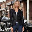 Olivia Miller Women's Fashion Faux Leather Biker Jacket Rivet Lapel Shaping Moto Outerwear (Black)