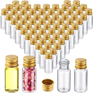 200 Pcs 10ml Mini Plastic Bottles Vials Tiny Jar with Aluminum Screw Lid Cap Clear Plastic Sample Container with Sealed Top Metal Lid for Cosmetic Essential Oil Specimen DIY Craft (Gold)
