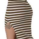 Women's Casual Spring Summer Stylish Striped Round Neck Sleeveless Knitted Slit Midi Dress (Brown, XL)