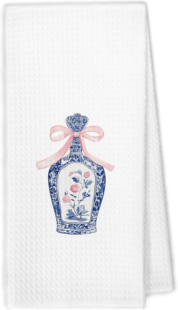 Chinoiserie Champagne Kitchen Towels - Blue and White Coquette Porcelain Champagne Dish Hand Tea Towels, Preppy Decorative Towel for Bathroom Kitchen, 16x24 Inch