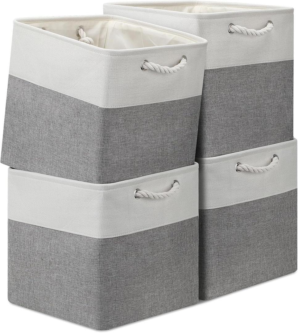 13x13 Storage Cube Bins 4Pack,Collapsible Cube Storage Organizer for Closet, Fabric Storage Box w/ Rope Handles, Foldable Storage Baskets for Shelves, Clothes,Closet Organization - White/Gray (131313/4pcs)
