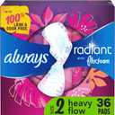 Always Radiant Feminine Pads for Women, Flexfoam Pads with Wings, Size 2, Heavy Absorbency, Lightly Scented, 36 Count (Packaging May Vary)