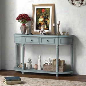 Vintage Console Table with Storage, Wooden Entry Table with 2 Drawers, Open Shelf, Solid Wood Legs, Retro, Classic Long Narrow Sofa Table for Entryway, Living Room, Hallway, Blue