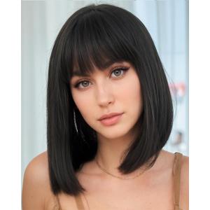 YYHR Short Bob Wig With Bangs 12" Light Yaki Straight Synthetic Hair Wigs Cut Short Black Bob Wigs With Bangs Daily Costume Wig (12 Inch,1B)