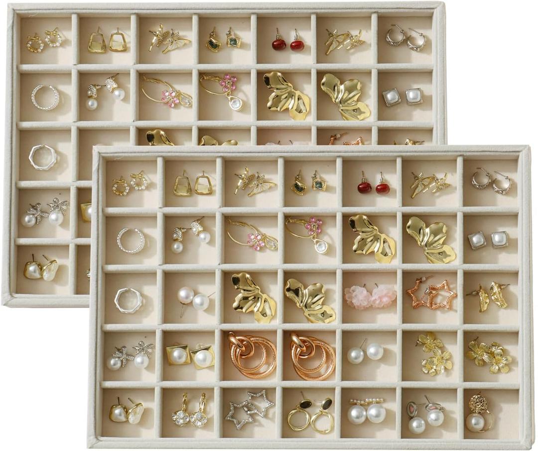 Large Velvet Jewelry Tray 2 Pack Stackable Jewelry Display Drawer Inserts Trays Organizer for Earring Bracelet Necklace Ring (Beige, 35 Grids)
