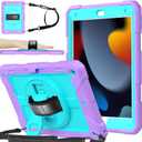 BMOUO Case for iPad 9th/8th/7th Generation 10.2", Shockproof 360 Rotating Stand Shoulder Hand Strap for iPad 9th/8th/7th Gen Case with Pencil Holder for iPad 10.2 inch 2021/2020/2019 - Purple Teal
