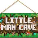 Little Man Cave, Boys Pixel Gaming Room Decor Wooden Door Sign for Gamer Room, Baby Boys Bedroom Wall Decorations for Nursery Toddler Nursery Playroom Wall Art