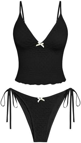 ZAFUL Tankini Swimsuits for Women Lace Jacquard Bowknot Decor Tummy Control High Cut Tanga Tankini Set, Medium