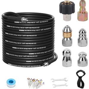 100FT Sewer Jetter Kit for Pressure Washer, 5800 PSI Water Jet Drain Cleaner Hose Corner Rotating Button Nose Sewer Jetting Nozzle 1/4 Inch NPT, Sewer Jetter Nozzles Kit with Spanner Handle Strap (Black)