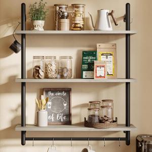 Bestier 3 Tier Industrial Pipe Shelving, Floating Book Shelves for Wall, Storage Hanging Shelves with Towel Bar for Bathroom Organizer Bedroom Kitchen Plants Office. 31.5 Inch Retro Grey