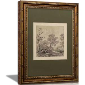 Vintage Gold Framed Wall Art Tree Forest Landscape Painting Canvas Prints Green Gray Tree Natural Sketch Picture Rustic Farmhouse Poster Artwork for Living Room Bedroom Bathroom, 12x16in