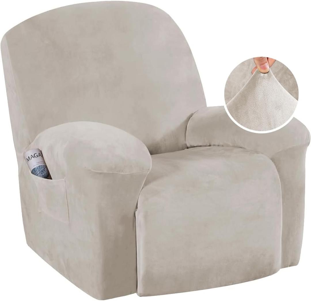 H.VERSAILTEX Stretch Recliner Covers with Pockets 1-Piece Recliner Chair Slipcovers Furniture Cover for Recliner Couch Cover Velvet Plush Anti-Slip Slipcover Highly Fitness(Recliner, Oatmeal)