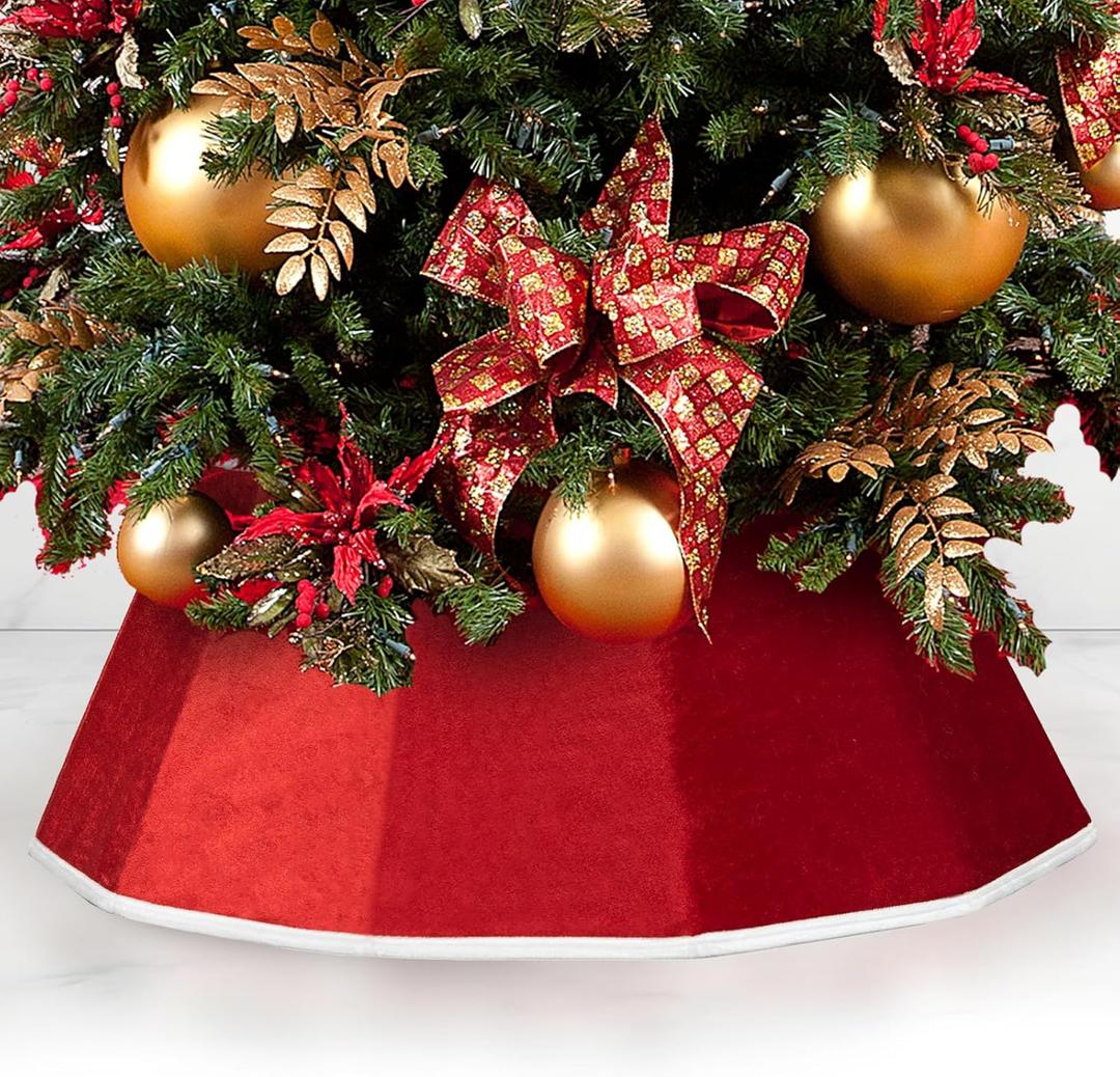 Christmas Tree Collar, 26.3" Red Velvet Foldable Tree Ring Skirt for Pencil Tree, Rustic Farmhouse Tree Stand Base Cover for Artificial Trees, Xmas Holiday Home Dcor
