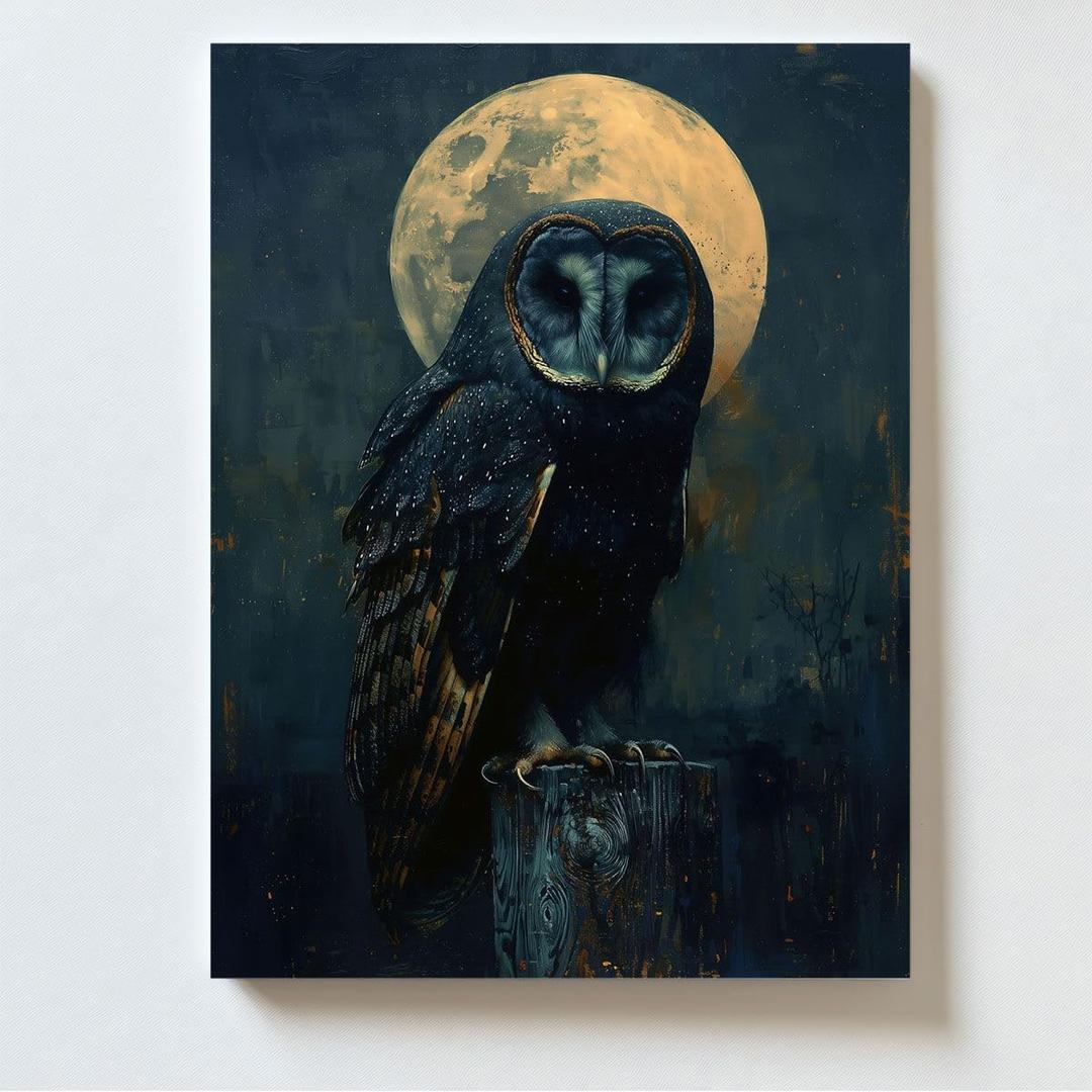 Dark Owl and Full Moon Canvas Wall Art  Mysterious Nocturnal Animal Print  Gothic Wildlife Halloween Dcor for Living Room or Study 12x16inch-Unframed