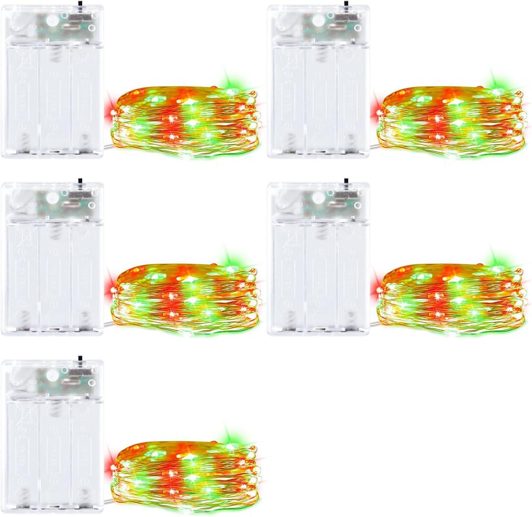 Minetom Fairy Lights Battery Operated, 5 Pack 7 FT 20 LED String Lights with Timer, Waterproof Silver Wire Christmas Fairy Light for Bedroom Party Decorations, Red and Green