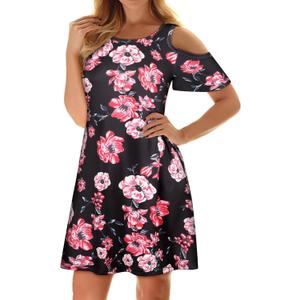 Misyula Style Womens Summer Cold Shoulder Floral Flowy T-Shirt Dress with Pockets (XX-Large, Black Red)