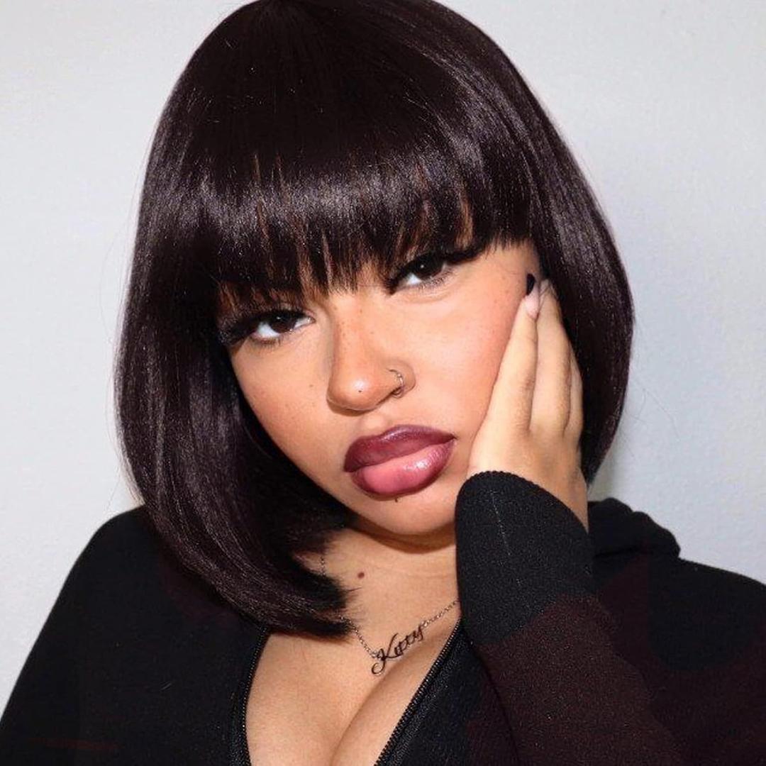 ToyoTress Light Brown Bob Wigs With Bangs - 10 Inch Yaki Straight Hair Daily Costume Wig For Black Women, Soft Short Synthetic Hair Replacement Wigs Heat Resistant (10 Inch, #4-613H)