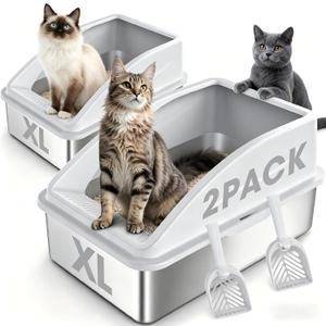 2 Pack Stainless Steel Litter Box | XL Enclosed Cat Litter Boxes with Lid for Big Cats and Multi-Cats | High Sided, Anti-Urine Leakage | Non-Stick BottomIvory White