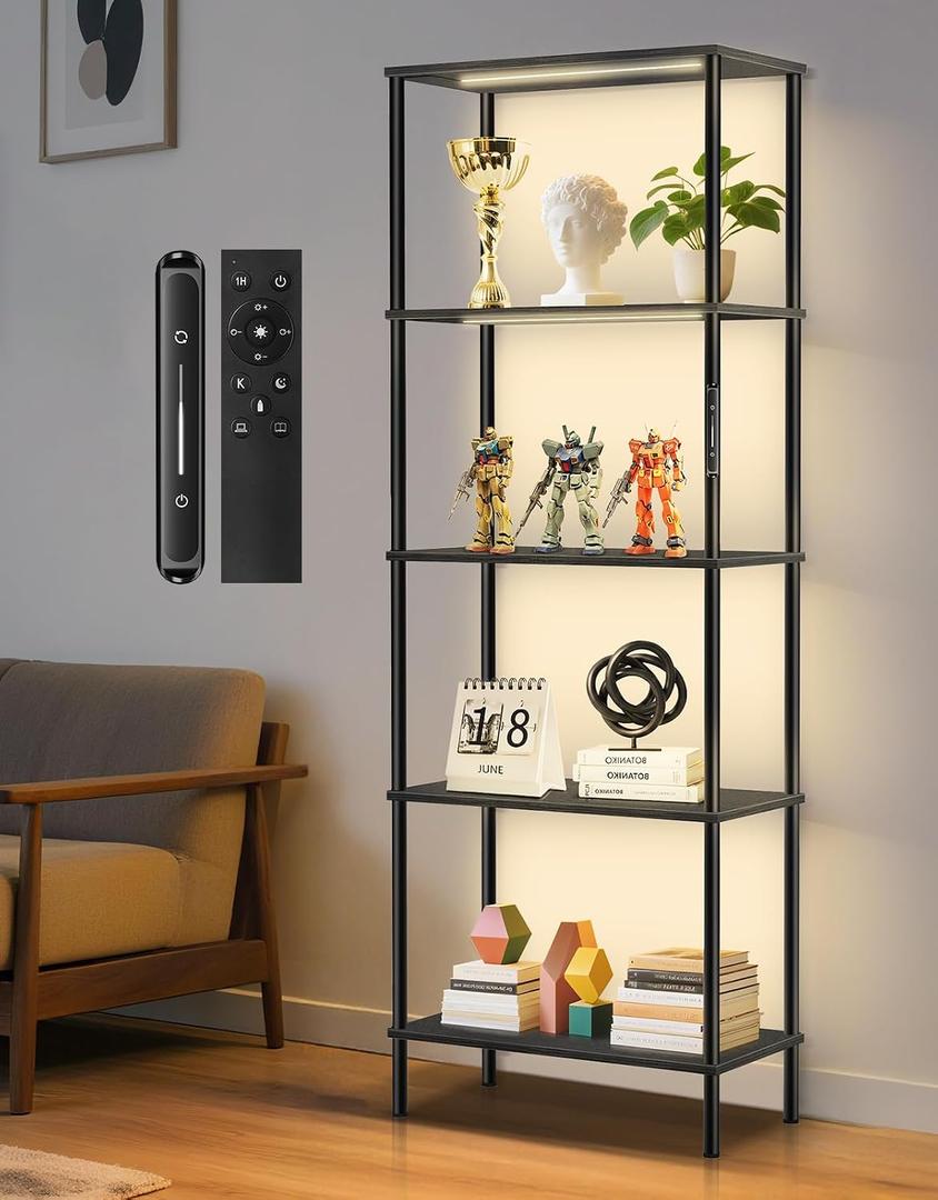 5 Tier Bookshelf with LED Light, Dimmable Bookcase with Touch & Remote Control, 3 Color Temperatures, Tall Modern Display Standing Shelf for Living Room, Bedroom, Home Office (Black)