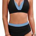 BMJL Women's High Waisted Bikini Sets Tummy Control Swimsuits Two Piece Color Block Modest Bathing Suit (Medium, Black and Blue)