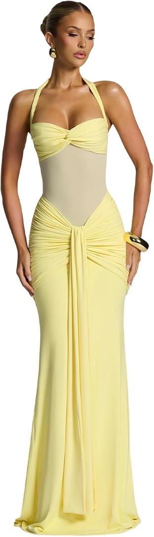JUMISEE Womens Sexy Halter Twist Knot Maxi Dress Draped Ribbon Ruched Cocktail Dress Sheer Mesh Bodycon Formal Dresses (Yellow, Small)