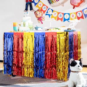 Paw Birthday Party Decorations, 2-Pack Gold Red and Blue Table Skirt Tinsel Foil Fringe Photo Booth Props Backdrop Streamers Decor for Boys Girls Baby Shower Christmas Party Supplies - 29x108 Inches
