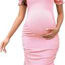 SENFURE Women's Summer Casual Midi Smocked Bodycon Dresses Puff Sleeve Square Neck Ruffle Mermaid Cocktail Dress (Baby Pink)