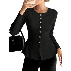 Verdusa Women's Button Up Dressy Cardigans Ruffle Peplum Sweater Elegant Formal Tops Spring Fall Clothes (Medium, Black)
