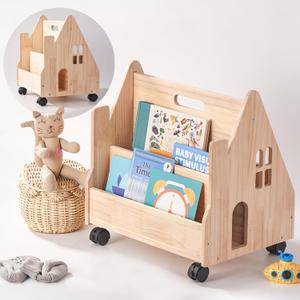 Kids Bookshelf for Toddlers, Montessori Wooden Bookcase with Wheels
