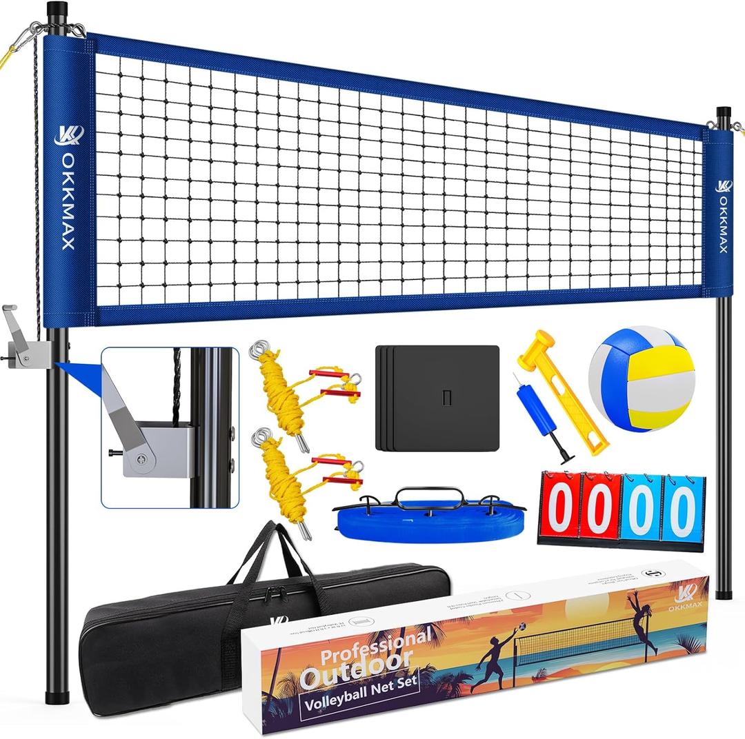 Professional Outdoor Volleyball Net Set with Adjustable Poles & Anti-Sag Design, Portable Volleyball Net Includes Beach Fixed Plate, Scoreboard, Boundary Line and Carry Bag for Backyard Beach Grass (Blue)