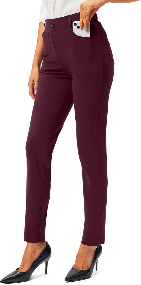 Rammus Womens Yoga Dress Pants with Pockets Stretch Work Leggings for Women Pull On Skinny Slacks for Business Office Casual (X-Large, Dark Red)