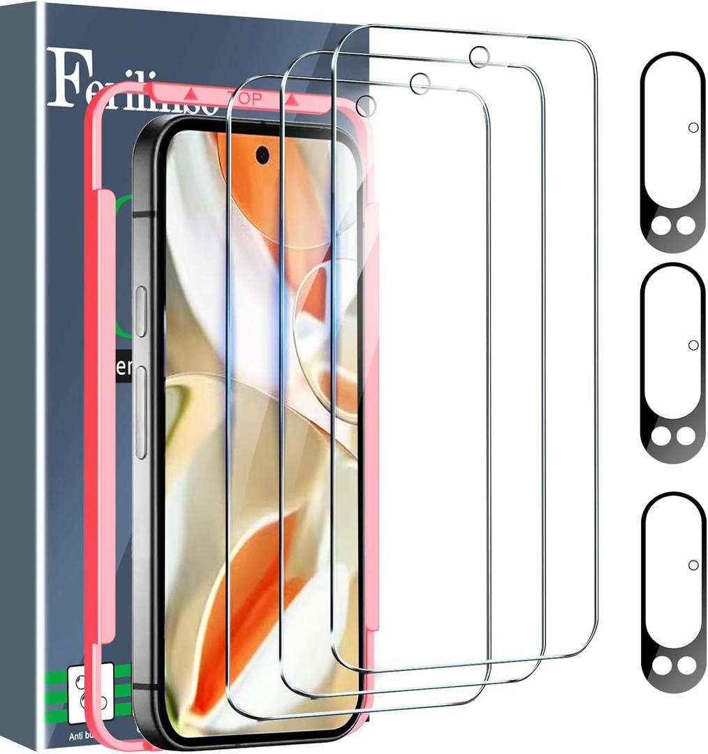 Ferilinso Full Coverage 3 Pack Screen Protector for Google Pixel 9 Pro [Phone Case Friendly], 3 Pack Tempered Glass Camera Lens Protector Accessories [Auto- Dusting & Adhesive]