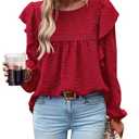 PRETTYGARDEN Women's Long Sleeve Blouses Ruffle Swiss Dot Crochet Loose Fit 2026 Spring Fashion Tunic Dressy Casual Tops (Red, XL)