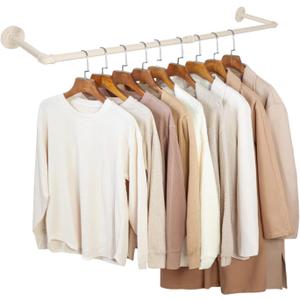 54" White Wall Mounted Clothes Rack, Industrial Pipe Iron Garment Bar, Heavy-Duty Detachable Clothing Rod, Multi-Purpose Metal Wall Display Hanging Pole for Closet Storage, Laundry Room 2 Base
