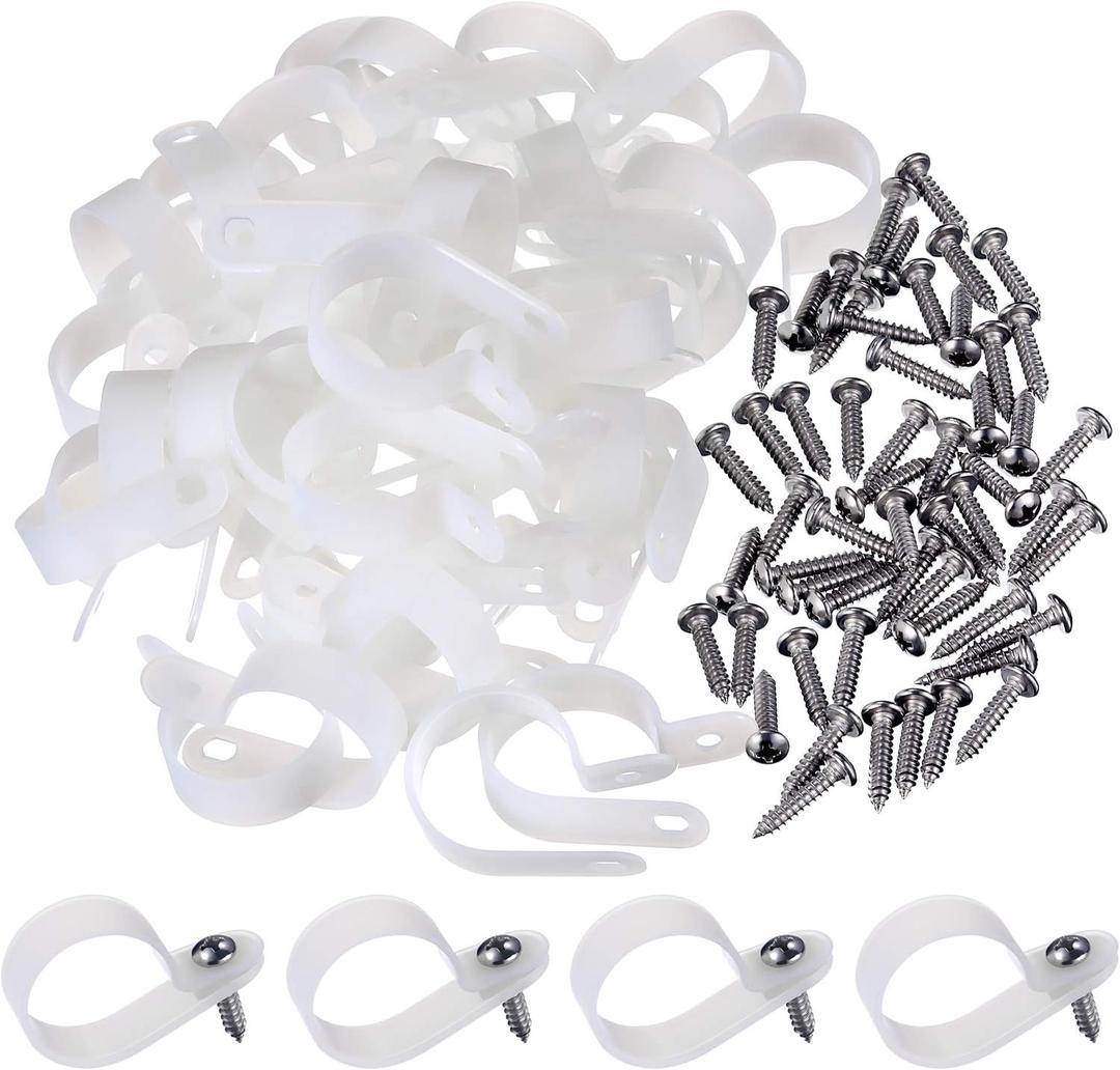 Hicarer 50 Pack R-Type Cable Clip Wire Clamp, Nylon Screw Mounting Cord Fastener Clips with 50 Pack Screws for Wire Management (White, 1 Inch)